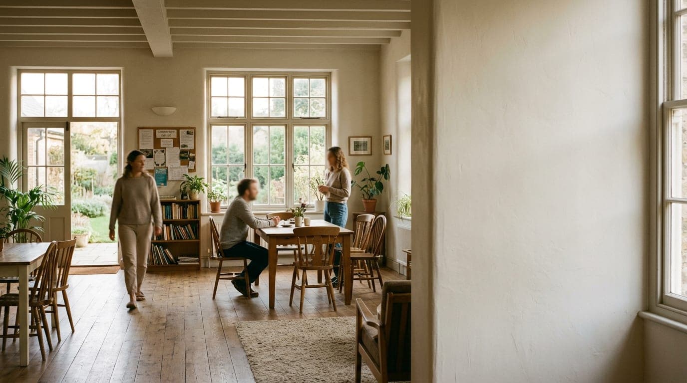 Interior view of a bright, open community space with warm natural light coming through windows, showing an inviting residential or meeting area.